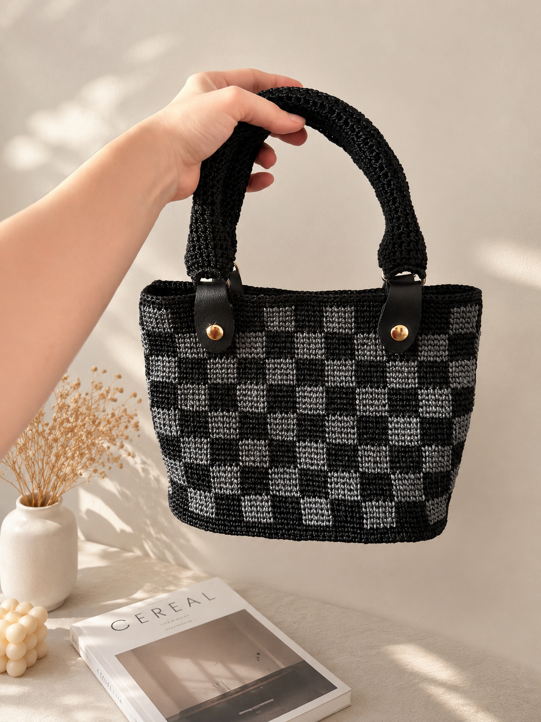 Handmade Checkerboard Crochet Tote Bag